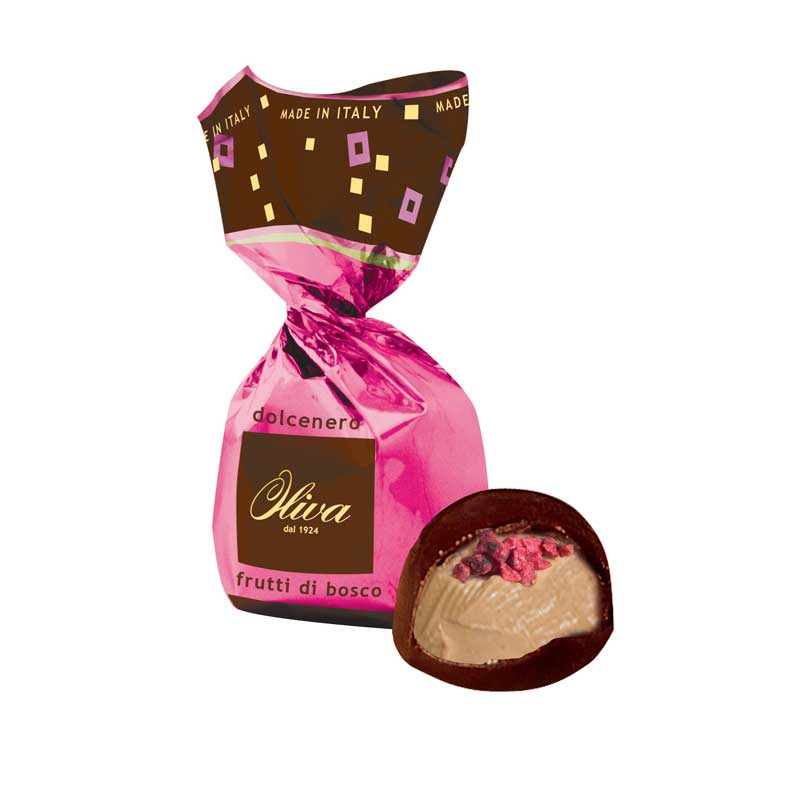 Mörk chokladpralin med skogsbärsfyllning & krisp