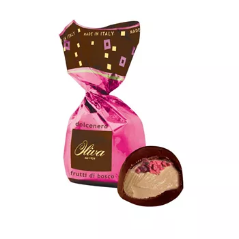 Mörk chokladpralin med skogsbärsfyllning & krisp