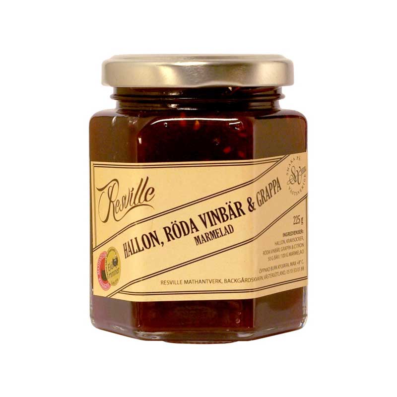 Hallon, röda vinbär och grappamarmelad