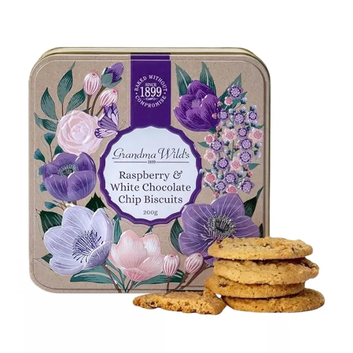 Bild på Smörkakor med hallon & vit choklad i Botanical-plåtburk – 200g