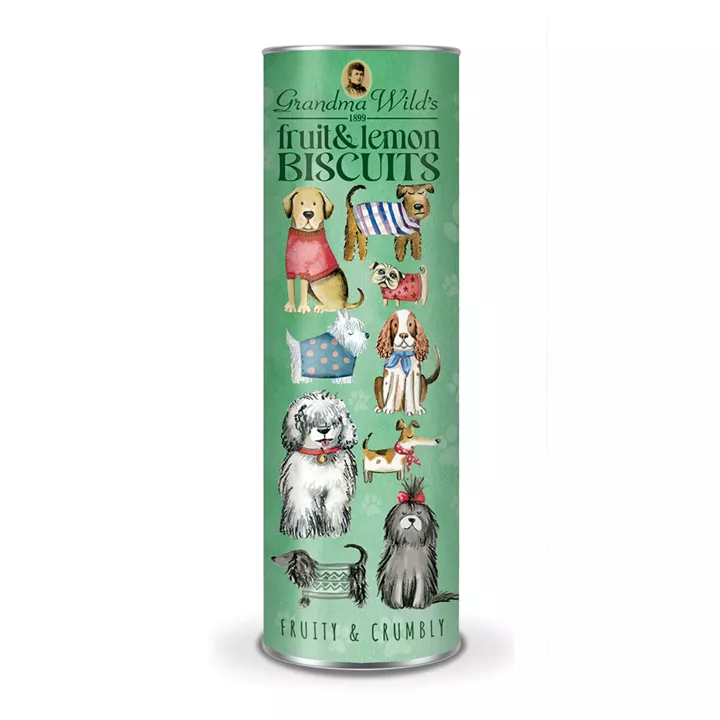 Bild på Kakor med frukt & citron i tub med hundmotiv – 200g