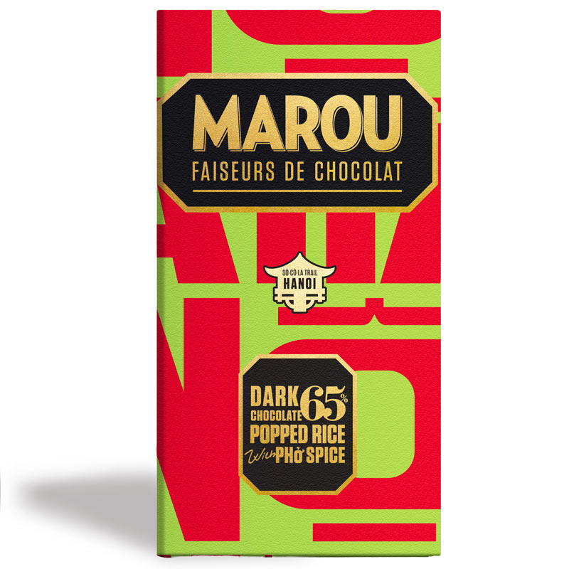 Bild på 65% mörk choklad med poppat ris & Phó Spice – 80g