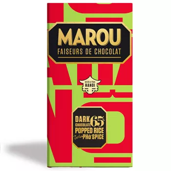 65% mörk choklad med poppat ris & Phó Spice – 80g