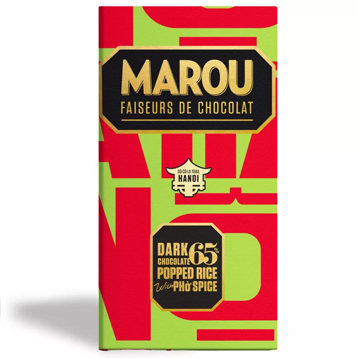 Bild på 65% mörk choklad med poppat ris & Phó Spice – 80g