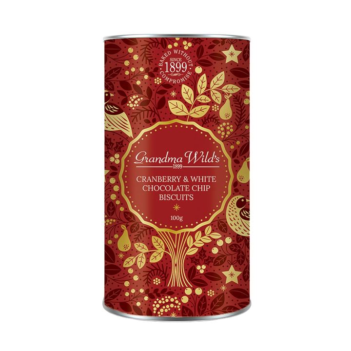 Bild på Röd presenttub med kakor – Tranbär & vit choklad