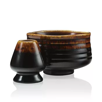 Matcha skålset i brunt – skål & vispstöd i porslin