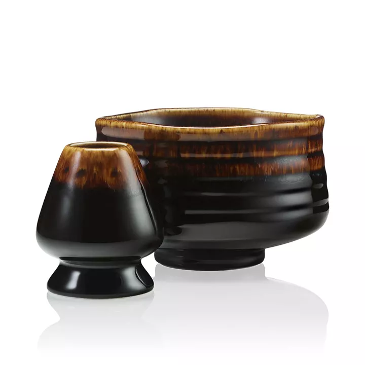 Bild på Matcha skålset i brunt – skål & vispstöd i porslin