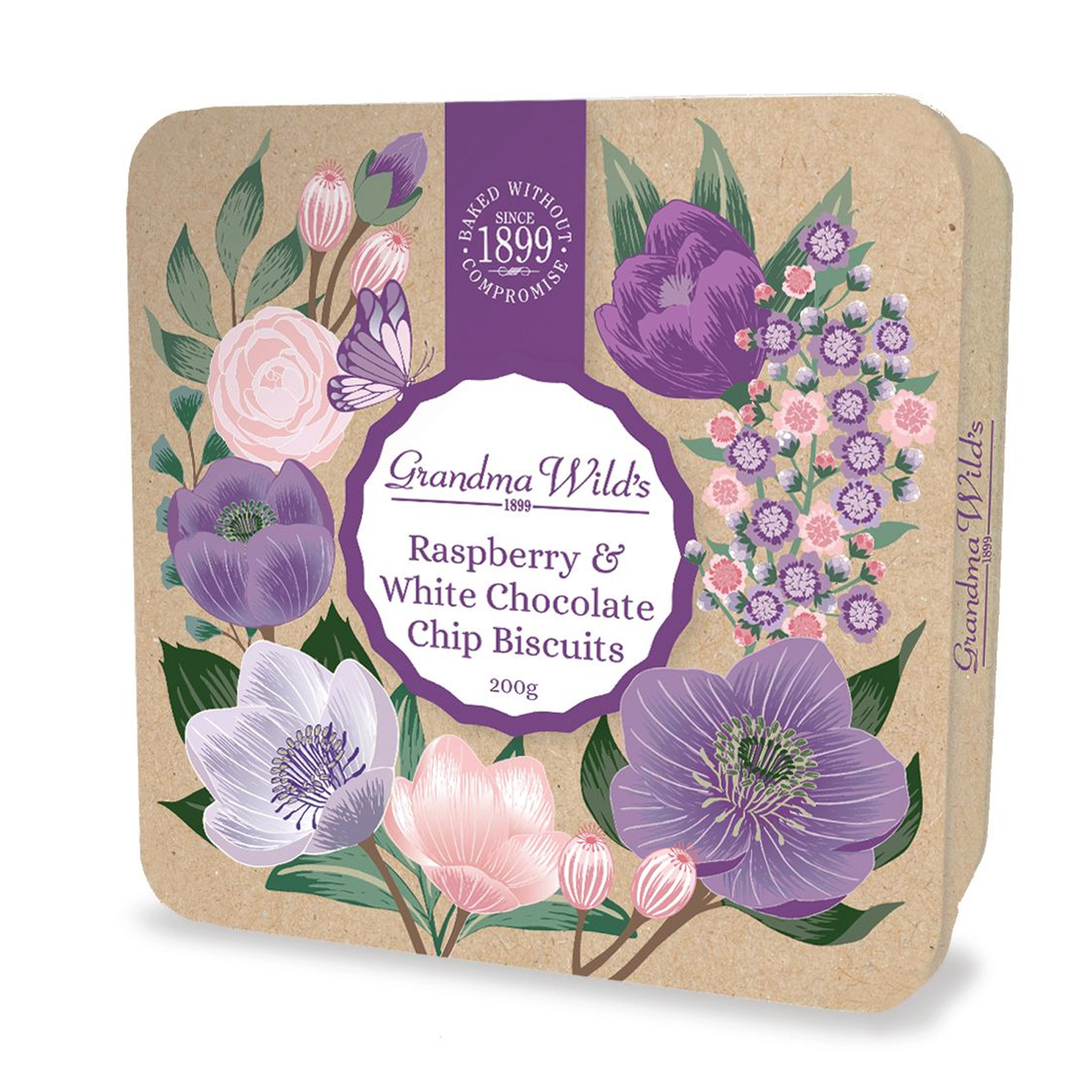 Smörkakor med hallon & vit choklad i Botanical-plåtburk – 200g