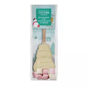 Vit chokladpinne snögubbe med marshmallows för varm choklad
